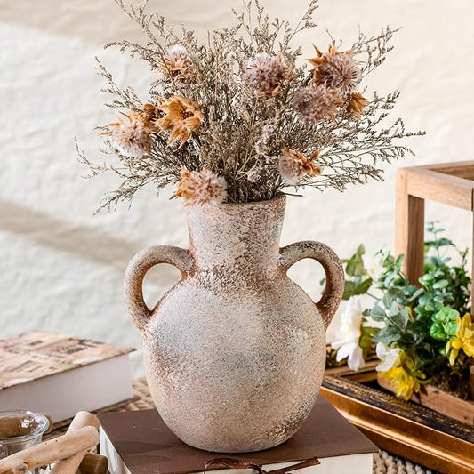 Rustic Ceramic Farmhouse Flower Vase with 2 Handles, Whitewashed Terra Cotta Vase, Decorative Pottery Flower for Home Decor, Table, Living Room, Shelf Decor, 7.3 Inch, Terra