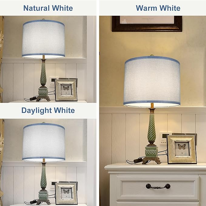 Lamp Shades Set of 2, Drum Lampshade for Table Lamps Floor Lamp, 13" Top X 13" Bottom X 10" High Blue Large Line Fabric Lamp Shades, Easy Assembly Replacement Lampshades