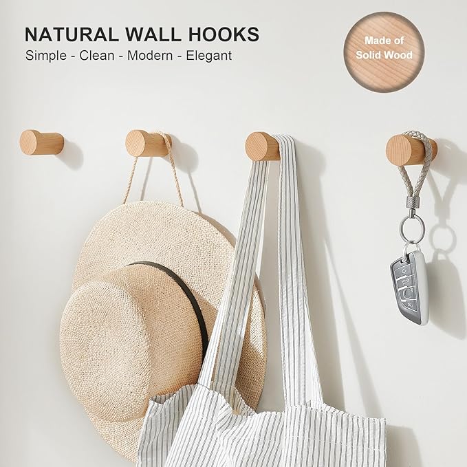 Wood Wall Hooks for Hanging, 6 Pack Rustic Coat Hooks Wall Mount, Handmade Wooden Pegs Hat Hook, Entryway Walls Hanger for Coat Purse, Boho Bathroom Towel Rack (Beech Wood)