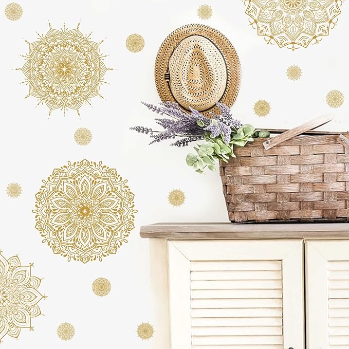 Kazova Mandala Wall Art Decals Gold Mandala Wall Decal Mandala Window Stickers Lotus Flower Decals Peel and Stick Removable Mandala Floral Stickers for Bedroom Living Room Headboard Decor