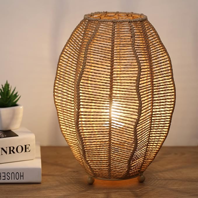 Rattan Woven Side Table Lamp for Bedroom Living Room, Boho Coastal Lamp Farmhouse Nightstand Lamp Tripod Desk Lamps Mid Century for Beach Room Kids Room Cafe Bar