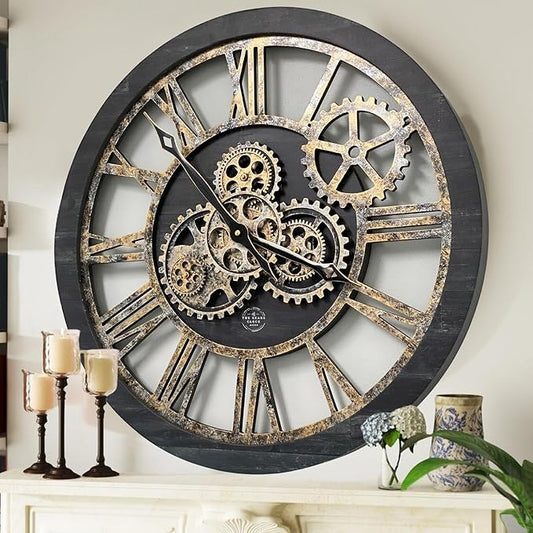 ImprovingLife The Gears Clock The Original Real Moving Gear Wall Clock Vintage Industrial Oversized Rustic Farmhouse (24 inch (60cm), Vintage Black Wood and Bronze)