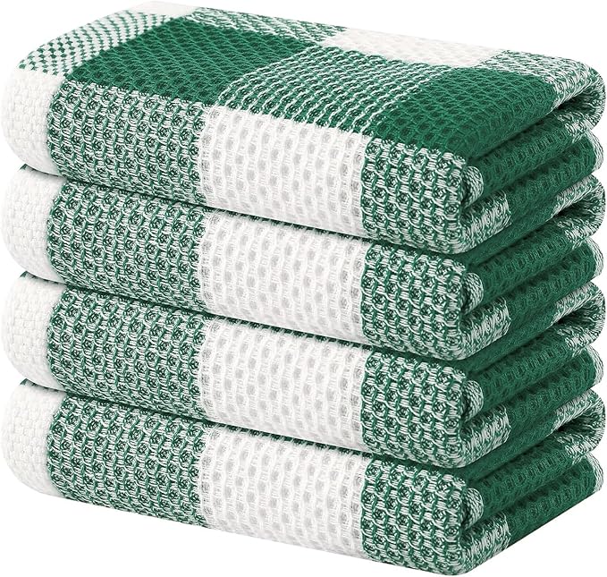 Homaxy 100% Cotton Waffle Weave Check Plaid Kitchen Towels, 13 x 28 Inches, Super Soft and Absorbent Dish Towels for Drying Dishes, 4-Pack, White & Dark Green