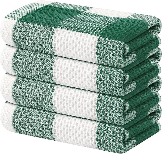 Homaxy 100% Cotton Waffle Weave Check Plaid Kitchen Towels, 13 x 28 Inches, Super Soft and Absorbent Dish Towels for Drying Dishes, 4-Pack, White & Dark Green
