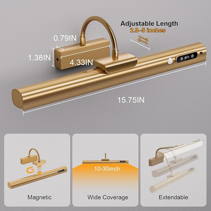 15.7'' Picture Lights for Wall with Motion Sensor, 9000mAh Rechargeable Battery Operated Poster Lights for Paintings, Portraits, Wall Decor, Gold