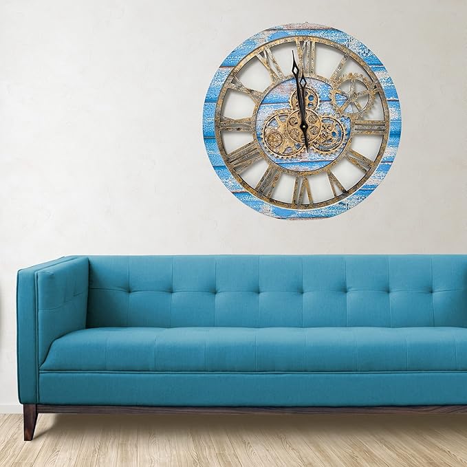 ImprovingLife The Gears Clock The Original Real Moving Gear Wall Clock Vintage Industrial Oversized Rustic Farmhouse (24 inch (60cm), Vintage Ocean Blue and Bronze)