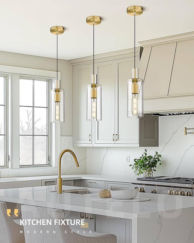 AUTELO Gold Pendant Lights - Glass Pendant Light Fixtures, Vintage Hanging Lamp in Brushed Gold Metal Finish with Clear Linear Glass, Kitchen Pendant Lighting Over Island for Dining Room, H3875 BG-M