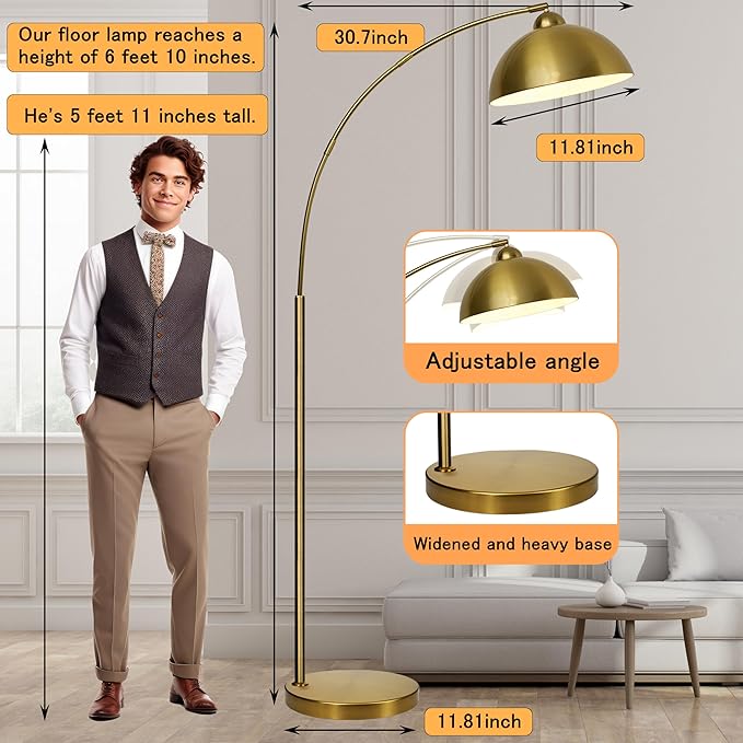 Arc Floor Lamp with Remote Control and Adjustable Light Bulb——Arched Tall Lamp for Living Room, Bedroom and Reading,Ideal Choice for Home Decor(Gold)
