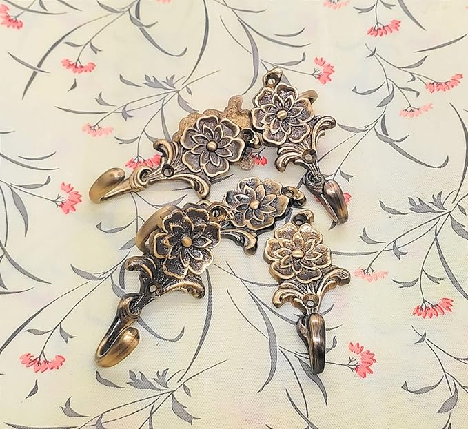 Multipurpose Hooks, Used to Hang Clothes, Bags, Coats, Curtain Hold Backs, Keys, Colour - Antique Gold, Material - Brass, Flower Design, Screws and Wallplugs Included, Pack of 10 Pieces