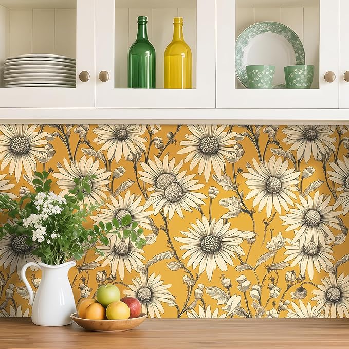 Livelynine 17.5x276" Vintage Floral Peel and Stick Wallpaper Antique Gold Retro Yellow Flowers Prepasted Daisy Wallpaper for Bathroom Girls Accent Wall Cover Boho Contact Paper for Cabinets Drawers