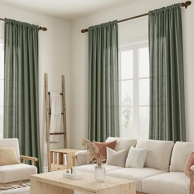 Guken Olive Green Linen Curtains 90 Inch Length for Living Room Bedroom 2 Panels Set Rod Pocket Light Filtering Semi Sheer Window Curtains 52 Inch Width Boho Farmhouse Linen Drapes, W52xL90