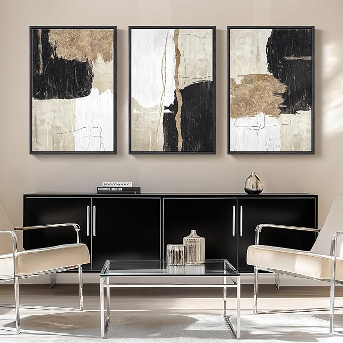 Framed Black and White Abstract Wall Art for Living Room, 3 Piece Large Canvas Modern Picture Artworks, Minimalist Black Gold Painting Prints for Dining Room Hallway Home Office Wall Decor, 24x36 Inch