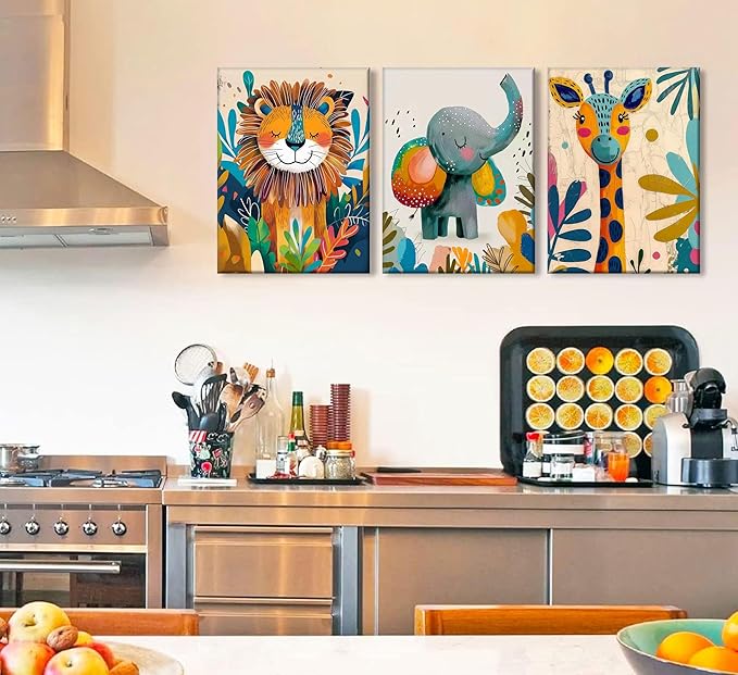 3Pcs Safari Animal Nursery Canvas Wall Art Cute Watercolor Elephant Giraffe Lion Pictures Wall Decor Colorful Jungle Animals Posters Painting Prints for Kids Room Baby Boys and Girls Room, Framed