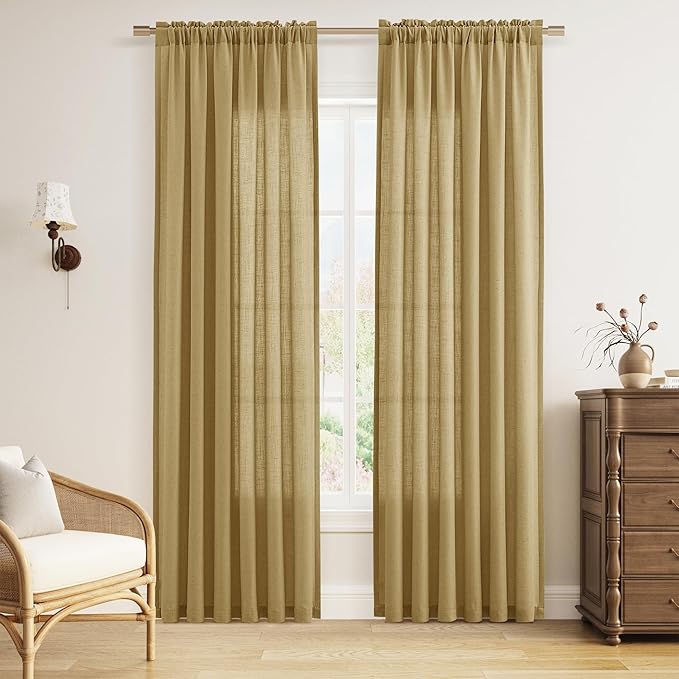 Guken Gold Linen Curtains 84 Inches Long 2 Panel Set Rod Pocket Semi Sheer Dining Room Cozy Bedroom Decor Cotton Look Country Rustic Farmhouse Boho Curtains 52x84