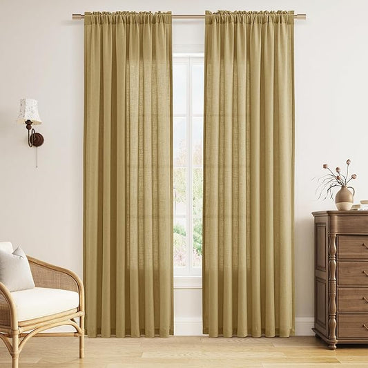 Guken Gold Linen Curtains 84 Inches Long 2 Panel Set Rod Pocket Semi Sheer Dining Room Cozy Bedroom Decor Cotton Look Country Rustic Farmhouse Boho Curtains 52x84