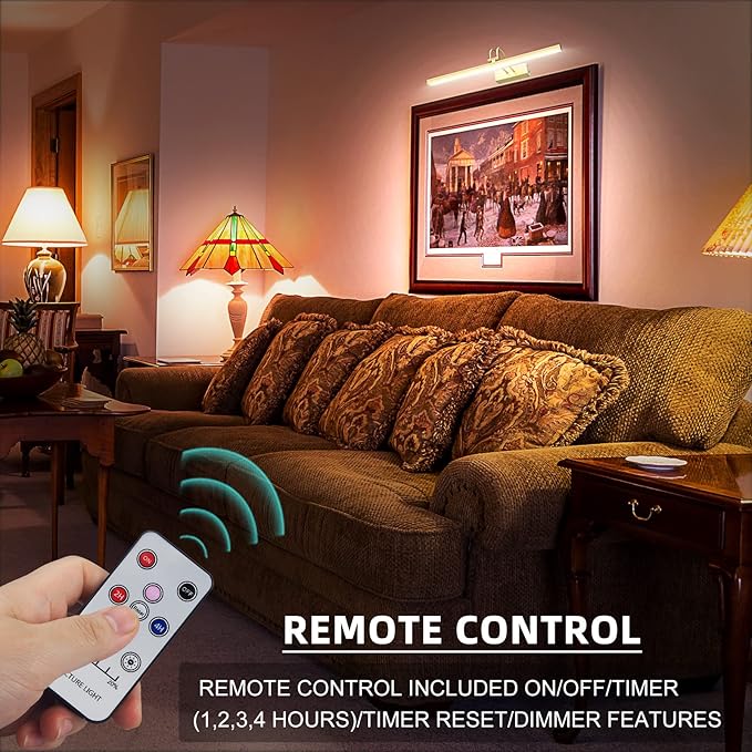 FUNCHDAY Picture Light Wireless, Rechargeable Gallery Light Battery Operated, 280LM Dimmable Art Lighting with Remote, 16" Metal Picture Lights for Wall, Paintings, Portrait, Photo (Brass)