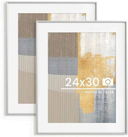 24x30 inch Metal Poster Frame - 24 x 30 Thin Aluminum Picture Frames Matted for 18x24 Photos, Artworks, Prints, Puzzle - High Definition Plexiglass - Vertical and Horizontal Display - Wall Hook Hanging Hardware Included - Silver, 2 Pack