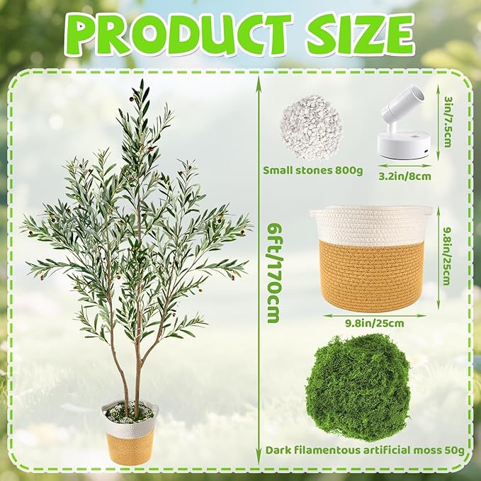 kockuu Olive Trees Artificial Indoor with LED Light, 6FT Tall Faux Olive Tree Plant with Basket and Natural Wood Branches & Fruits, Fake Tree Planter for Living Room Home Office Decor