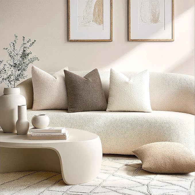 ANRODUO Pack of 2 Textured Boucle Throw Pillow Covers Soft White Euro Decorative Accent Solid Pillow Cases Cozy Modern Couch Cushion Case for Chair Sofa Bedroom Living Room Home Decor, 22 x 22 Inch