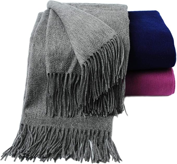 CUDDLE DREAMS Premium Cashmere Throw Blanket with Fringe, Luxuriously Soft (Gray)