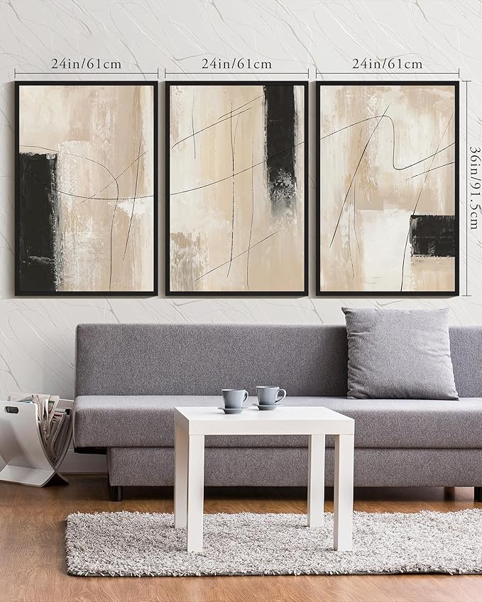 KUVIOKE Abstract Framed Wall Art Minimalist Beige Pastel Watercolor Neutral Wall Decor Modern Black Line Art Painting Home Decor 24x36in (Black Framed)