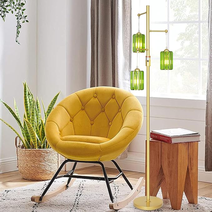 Gold Floor Lamp for Living Room with Green Crystal Shades, 3 Lights Modern Boho Tree Standing Lamp Dimmable, Dimmer Switch, 65IN Vintage Brass Tall Floor Lamps for Bedroom Office Reading Corner