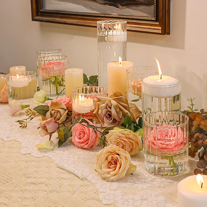 ComSaf Glass Cylinder Vases Pack of 12, Clear Ribbed Bud Vases for Centerpieces Weeding Decoration, 4 inch 6 Inch 10 Inch Tall Clear Flower Vases in Bulk, Hurricane Candle Holder for Party Home Decor