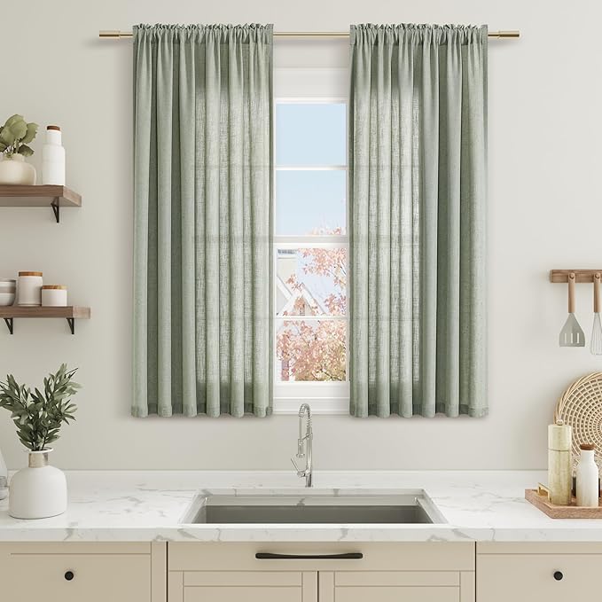 Sage Green Linen Curtains 45 Inches Long 2 Panel Set Rod Pocket Semi Sheer Dining Room Cozy Bedroom Decor Cotton Look Country Rustic Farmhouse Boho Curtains 52x45