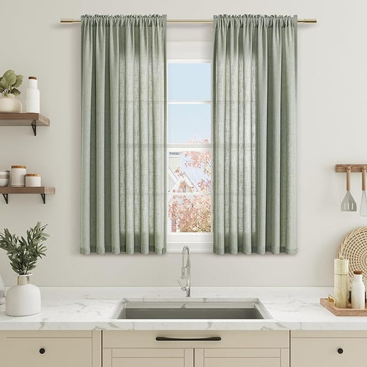 Sage Green Linen Curtains 45 Inches Long 2 Panel Set Rod Pocket Semi Sheer Dining Room Cozy Bedroom Decor Cotton Look Country Rustic Farmhouse Boho Curtains 52x45