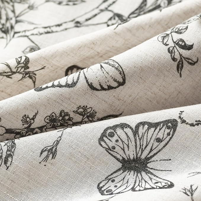 Lazzzy Linen Farmhouse Curtains Black Floral Curtains 63 Inch Length Back Tab Drapes for Living Room Bedroom Light Filtering Country Vintage Rod Pocket Curtain, 2 Panels, Black on Beige