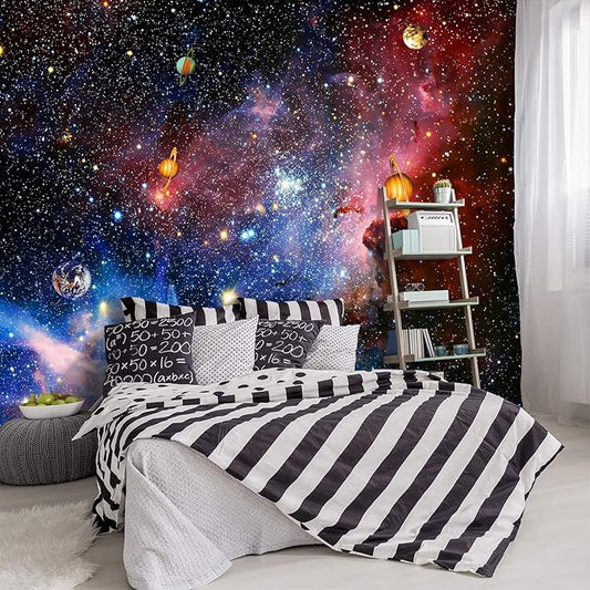 -Galaxy Universe Planet Ceiling Fabric Wallpaper Boys Girls Nursery Starry Sky Children Bedroom Bathroom Large Mural- 160"x108"（ not Peel and Stick）