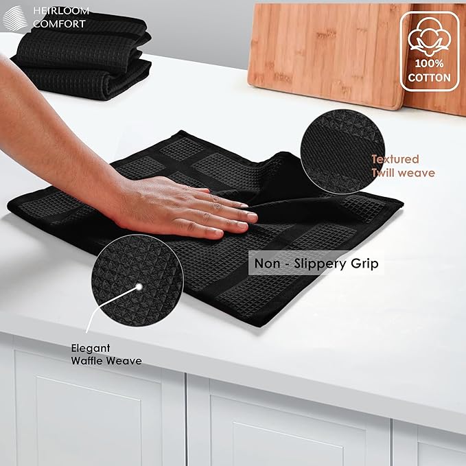 3 Pack Black Waffle Weave Kitchen Towels, 16x26 Inch, 100% Cotton Dishcloth Set, Super Absorbent, Fast Dry, Teal Towels, Soft Hand Towel, Dish Rags, Wash Cloth, Cleaning, Durable