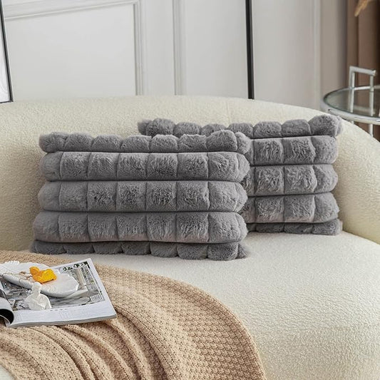 Neelvin Grey Faux Fur Cozy Soft Plaid Decorative Throw Pillow Covers 12x20 inch Set of 2,Velvet Pillowcase Cushion Case for Sofa Couch