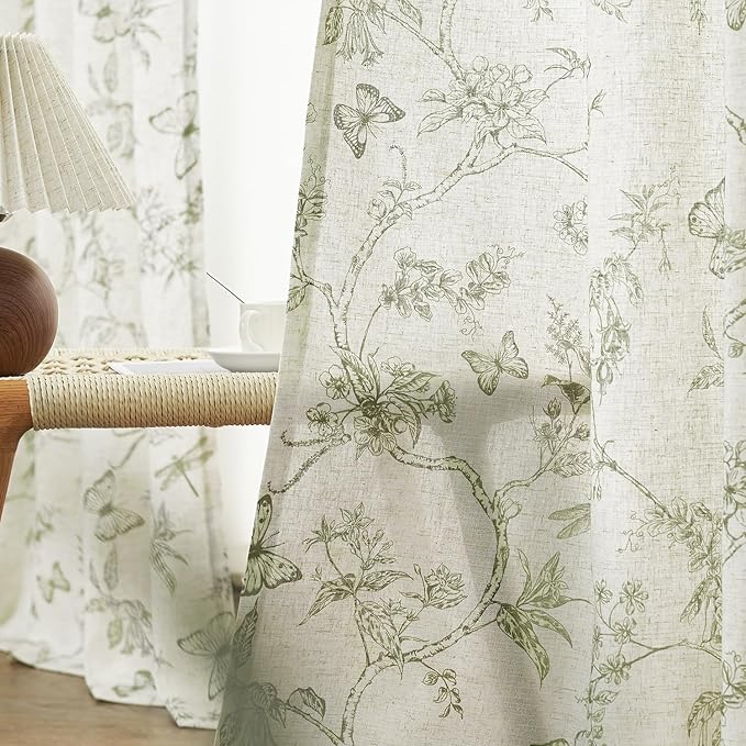Lazzzy Linen Farmhouse Curtains Green Floral Curtains 63 Inch Length Back Tab Drapes for Living Room Bedroom Light Filtering Country Vintage Rod Pocket Curtain, 2 Panels, Green on Beige