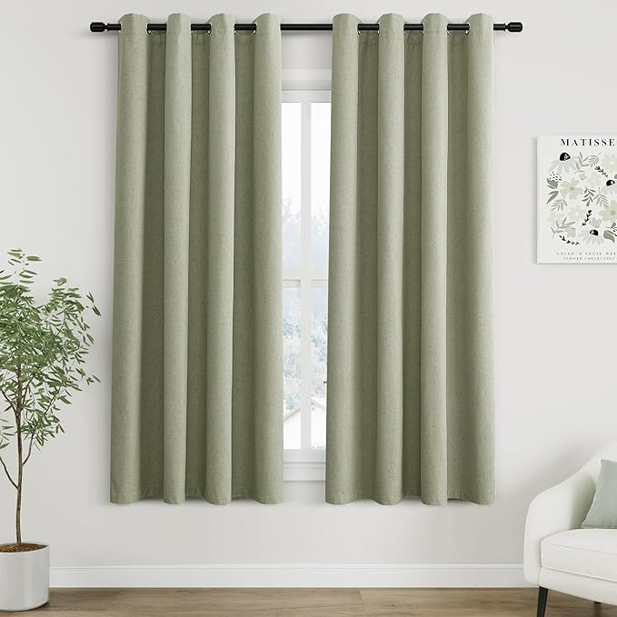 100% Blackout Linen Curtains for Bedroom Thermal Insulated Grommet Complete Blackout Drapes 63 Inch Length 2 Panels Set Heat and Full Light Blocking Living Room Darkening Curtains Sage Green