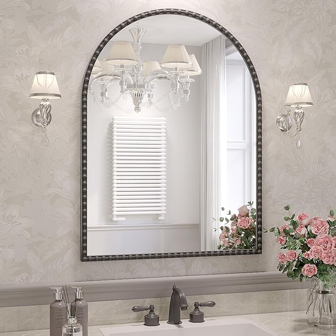 Arched Mirror for Wall, 24"x32" Black Arch Bathroom Vanity Mirror, Metal Floral Frame Decorative Arch Wall Mirror, Matte Black Arched Mirror for Washroom, Bedroom, Entryway, Living Room