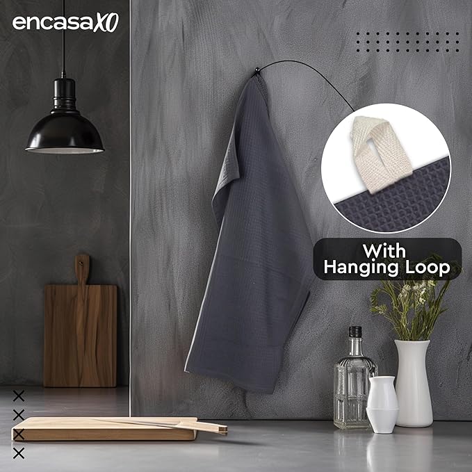 Encasa XO Kitchen Dish Towels Set | Grey | Waffle Weave and Flat Hand Tea Towel | 28"x18" | Quick Drying Reusable Cotton Washcloths | Multipurpose Lightweight Dishcloths Set of 4