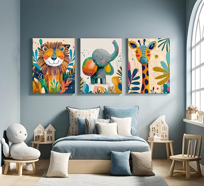 3Pcs Safari Animal Nursery Canvas Wall Art Cute Watercolor Elephant Giraffe Lion Pictures Wall Decor Colorful Jungle Animals Posters Painting Prints for Kids Room Baby Boys and Girls Room, Framed