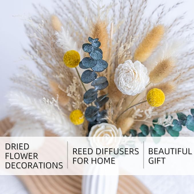 Dried Flowers Reed diffusers kit, Ceramic Vase Included, Reed diffusers for Home,Dried Eucalyptus Arrangements,Dried Grass for Table Room Decor Wedding Party Birthday Decor (WhiteGreen)