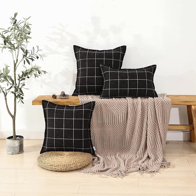 Plaid Pillow Black and White Plaid Boho Farmhouse Linen Throw Pillow Covers Set of 2, 16x16 Inches, Black