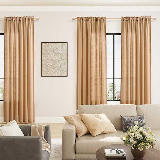 Guken Camel Brown Linen Curtains 108 Inches Long 2 Panel Set Rod Pocket Semi Sheer Dining Room Cozy Bedroom Decor Cotton Look Country Rustic Farmhouse Boho Curtains 52x108