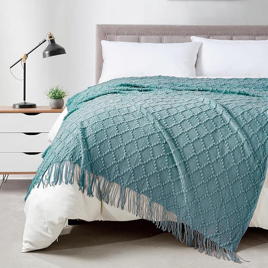 BOURINA Blue Throw Blanket 50 x70 Inches Jacquard Argyle Throw Textured Solid Soft Throws and Blankets for Sofa or Bed Knitted Decorative Blanket
