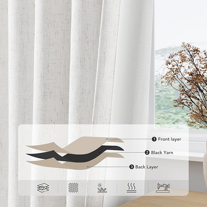 Beige White 100% Blackout Linen Curtains 63 Inch Long for Living Room Grommet Black Out Curtain Burlap Textured Thermal Insulated Energy Saving Block Out Curtains for Bedroom 2 Panels Set 52Wx63L