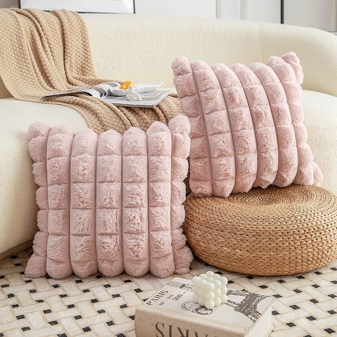 Neelvin Pink Faux Fur Cozy Soft Plaid Decorative Throw Pillow Covers 16x16 inch Set of 2,Velvet Pillowcase Cushion Case for Sofa Couch