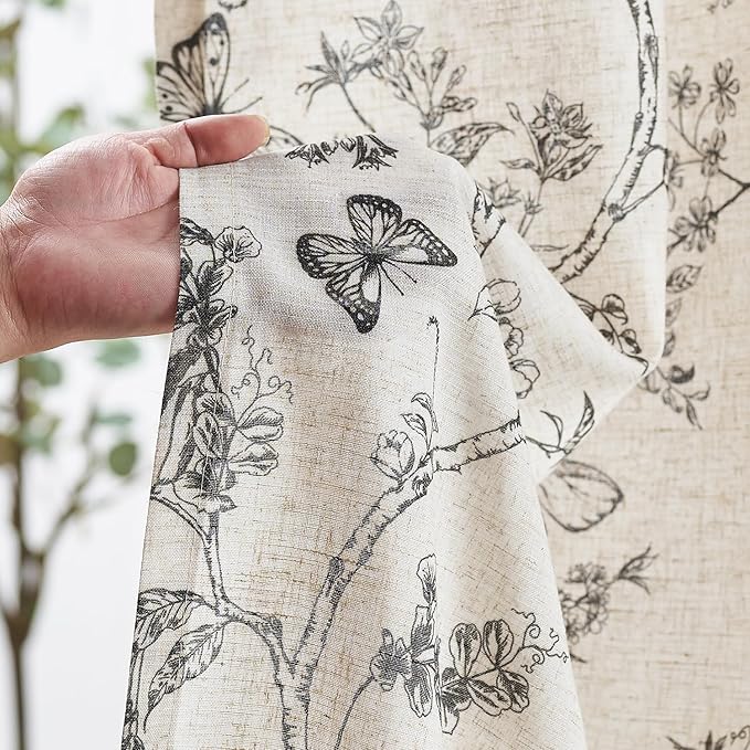 Lazzzy Black Floral Linen Farmhouse Curtains 96 Inches Long Back Tab Drapes for Living Room Bedroom Light Filtering Country Vintage Rod Pocket Curtains,2 Panels, Black on Beige