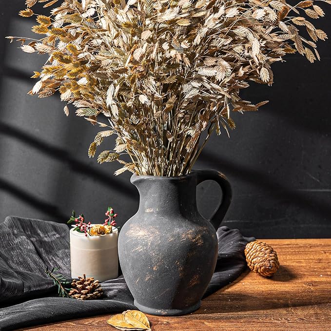Ceramic Rustic Farmhouse Vase with Handle, Terracotta Vase, Minimalist Decorative Vases for Home Decor, Table, Living Room, Shelf, Christmas Decoration(Bronze)