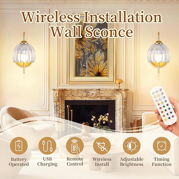 Vintage Battery Operated Wall Sconce with Flower lampshade,Rechargeable Battery Powered Wall Lights,Wall lamp with 15 Colors for Bedroom Living Room Home Decor (Clear Tulip, 2 Light Battery Operated)