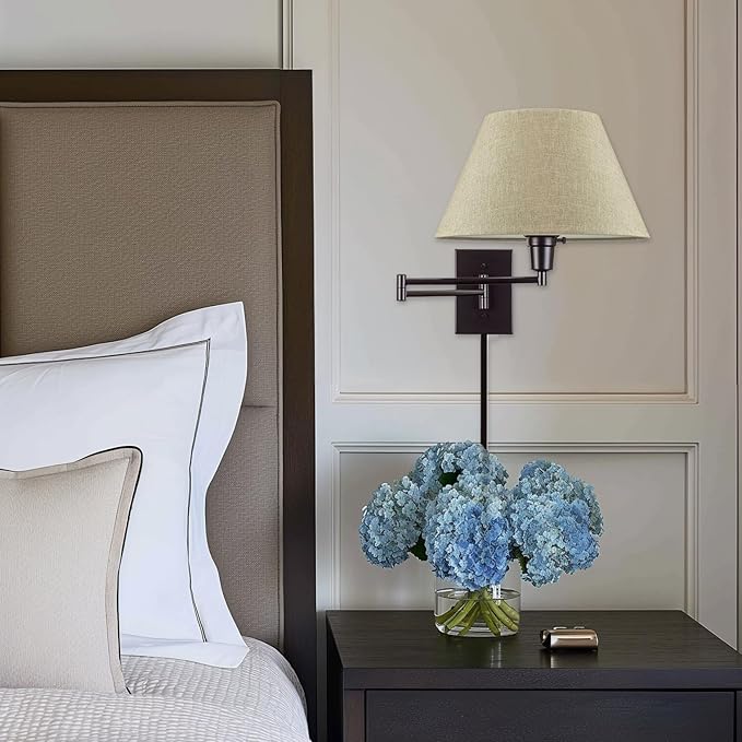 Kira Home Cambridge 15" Swing Arm Wall Lamp - Plug in/Wall Mount + Latte Mocha Fabric Shade, 150W 3-Way + Cord Covers, Black Finish