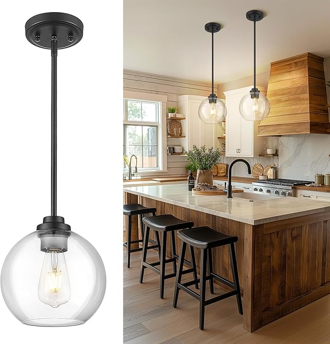 8 inch Matte Black Pendant Light, Mid Century Globe Haning Light Fixture Ceiling with Clear Glass for Kitchen Island Dining Room Bedroom Hallway Foyer (1 Pack), PL101BK-L