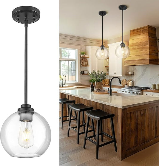 8 inch Matte Black Pendant Light, Mid Century Globe Haning Light Fixture Ceiling with Clear Glass for Kitchen Island Dining Room Bedroom Hallway Foyer (1 Pack), PL101BK-L
